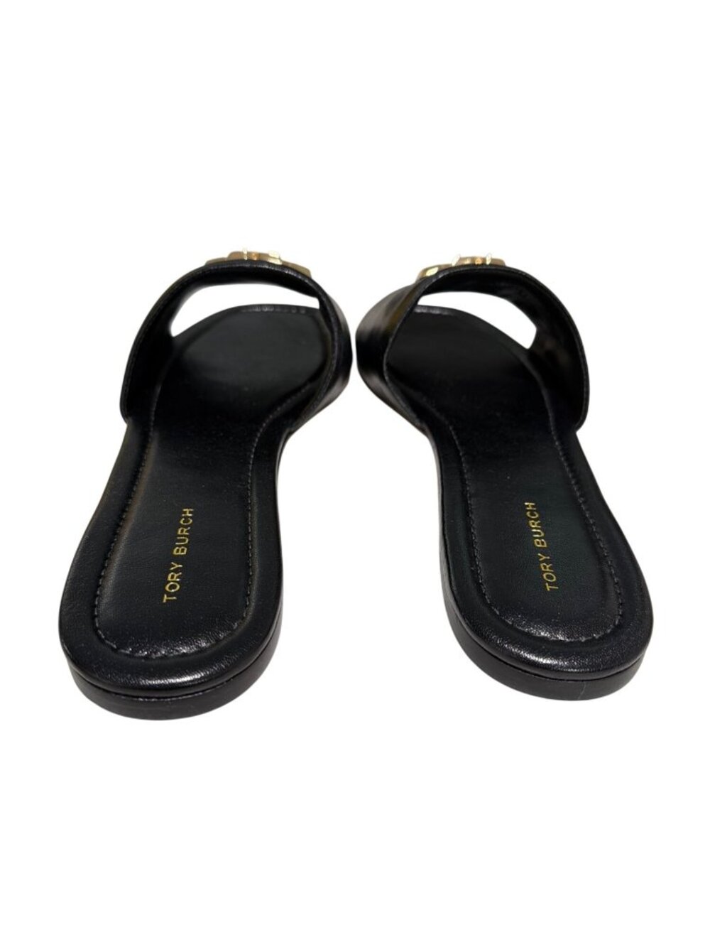 Tory Burch Eleanor Leather Medallion Flat Slide Sandals Black & Gold 7.5M - Picture 5 of 9